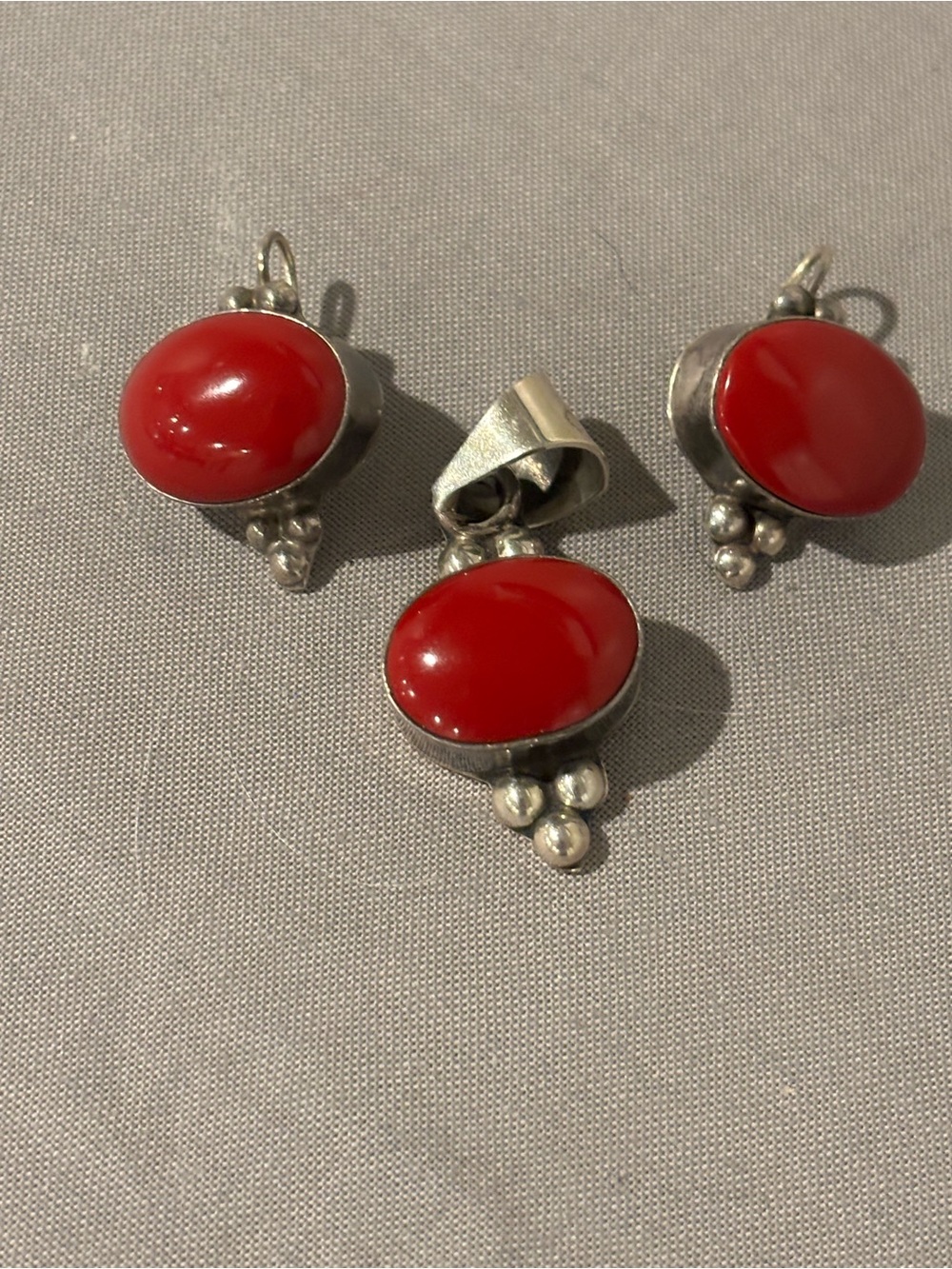 Vintage Taxco signed Mexico Sterling Silver Red Coral Pendant and Earrings Set
